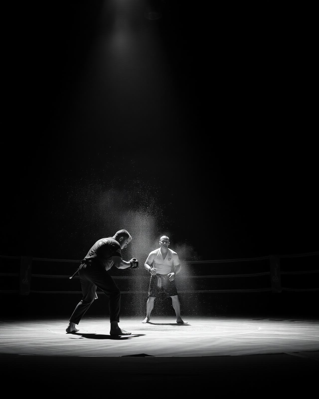 Two fighters facing off in a spotlit ring